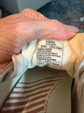 Taos Footwear Beige Canvas Slip-On with Brown Stripe Insole